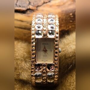 Geneva Quartz Watch Rose Gold w/ Rhinestone Embedded Cuff Band Sz 6-6.5 EUC